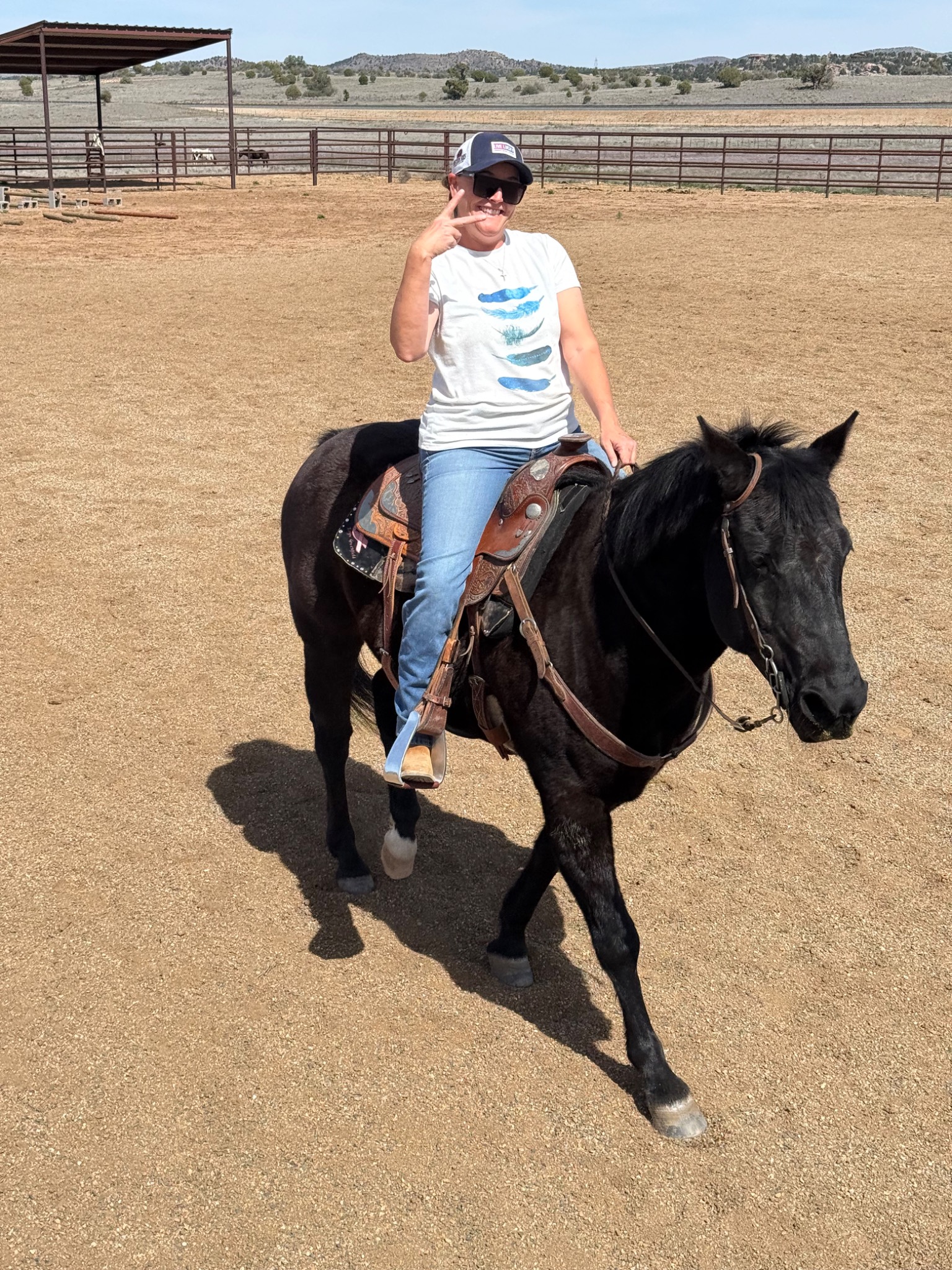 Chelise riding a black horse in an arena