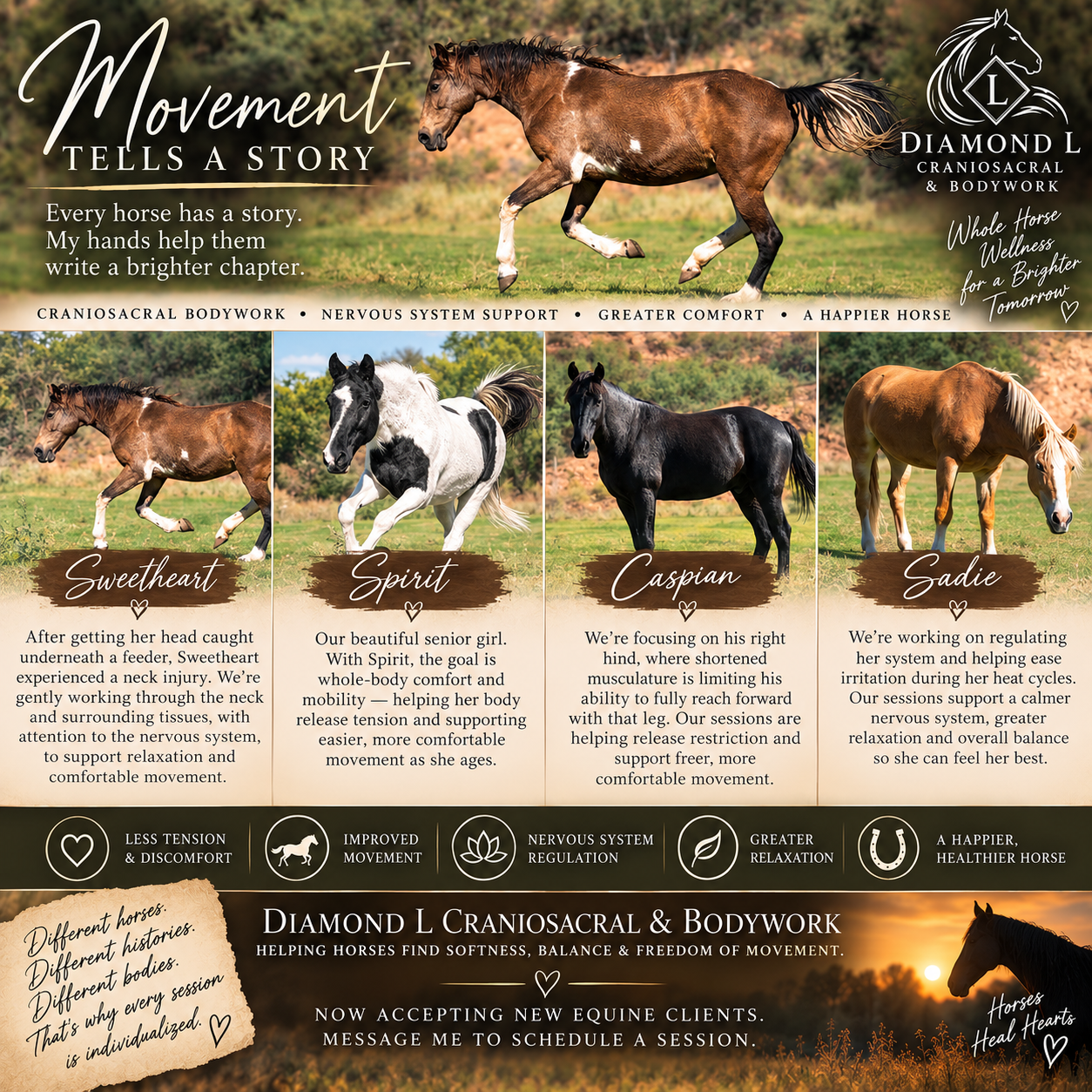 Movement Tells a Story casebook featuring Sweetheart, Spirit, Caspian, and Sadie and their individualized craniosacral bodywork goals